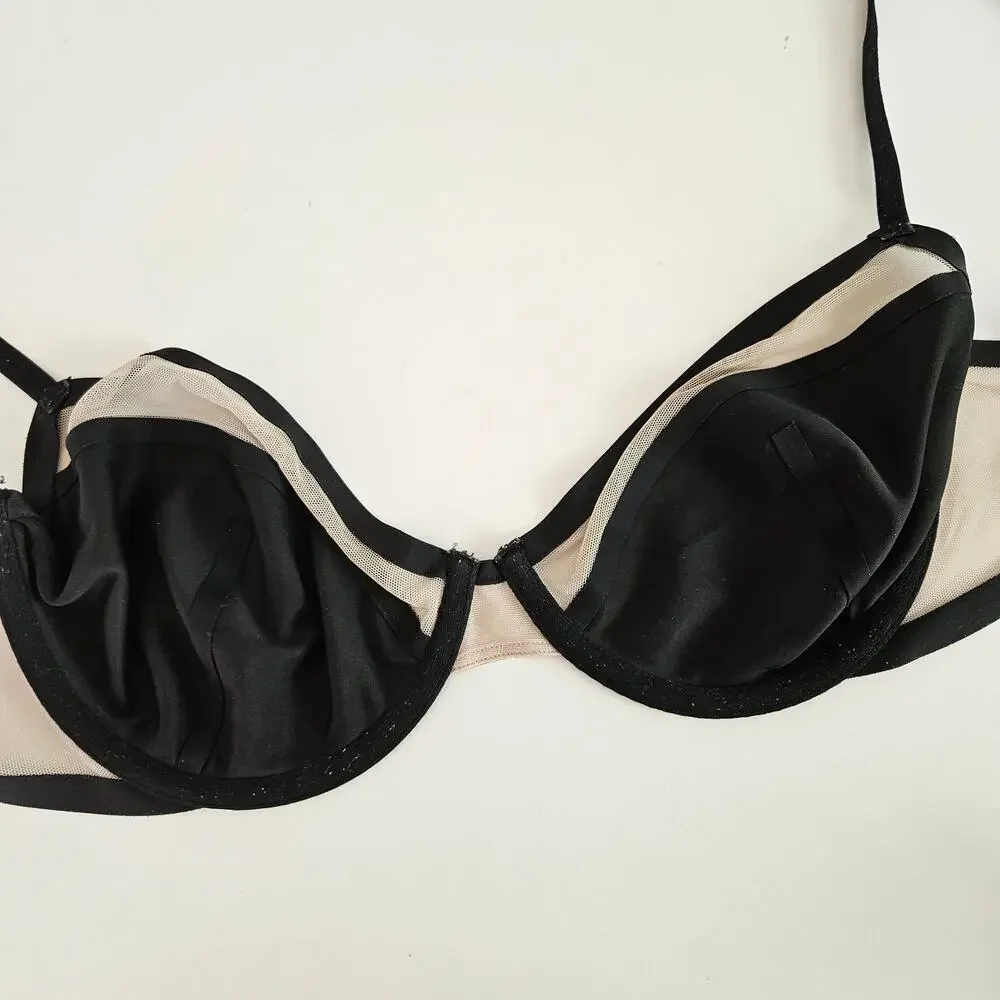 Victoria's Secret Unlined Demi Bra 34DD‎ Black Nude Mesh